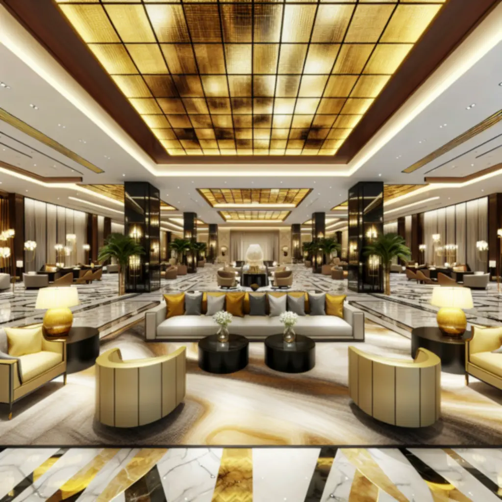 Elegante hotel lobby met gouden accenten en sfeervolle verlichting