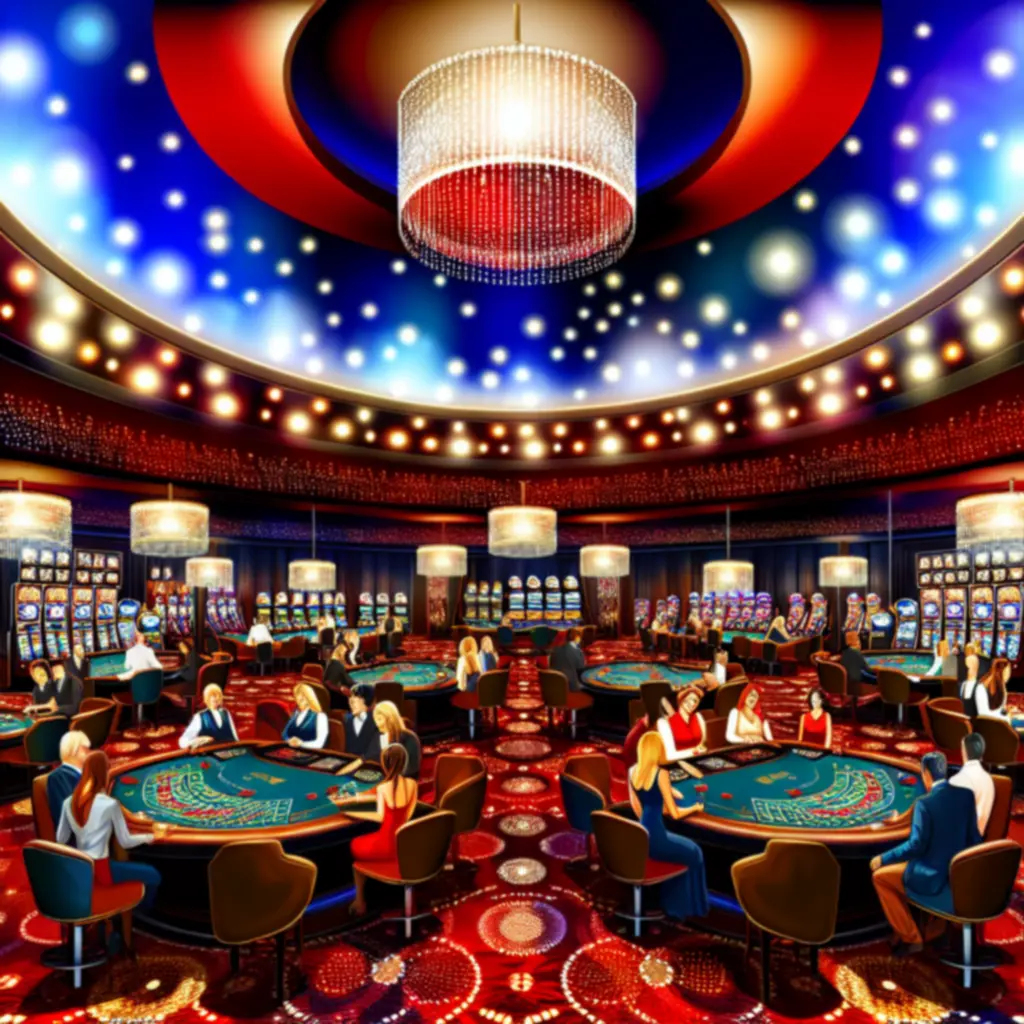 Levendige casinovloer met speeltafels en verlichting
