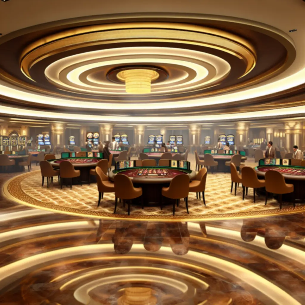 Luxe casinozaal met speeltafels en warme gouden sfeerverlichting