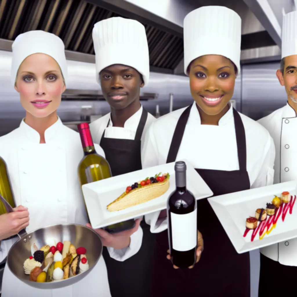 Keukenteam en sommelier presenteren gerechten in de pass