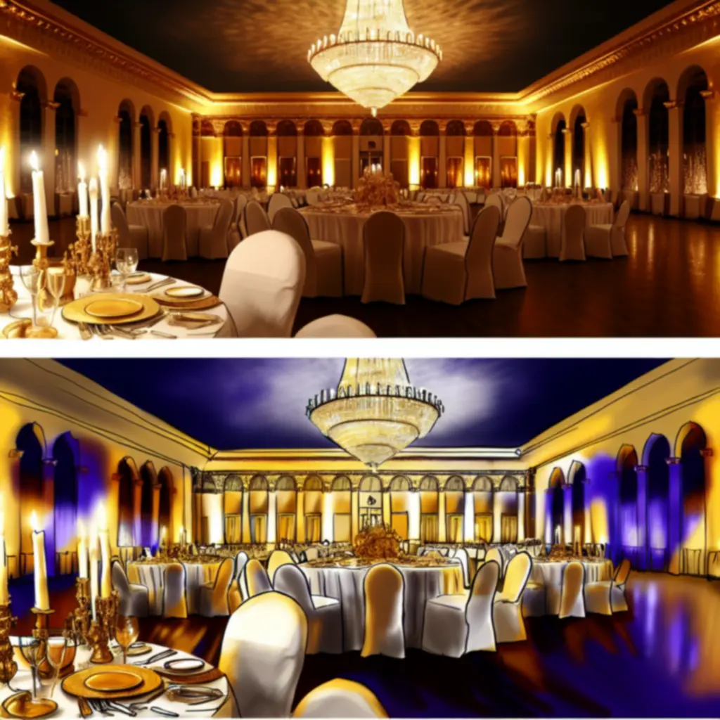 Elegante feestzaal met gouden accenten en sfeerverlichting