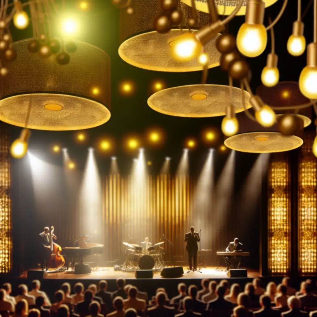 Live podium met muzikanten en warm gouden licht
