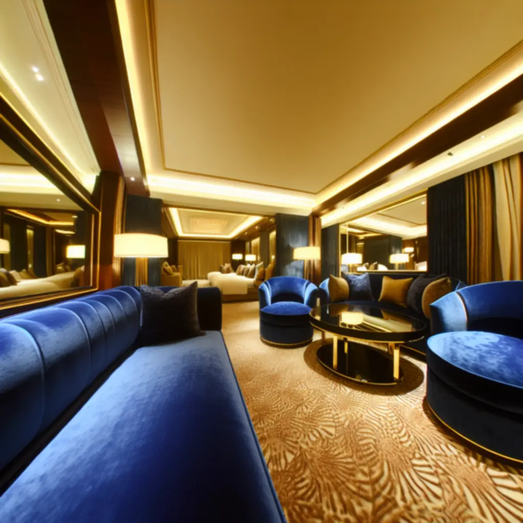 Luxe hotelsuite met fluwelen zitgedeelte en goudaccenten
