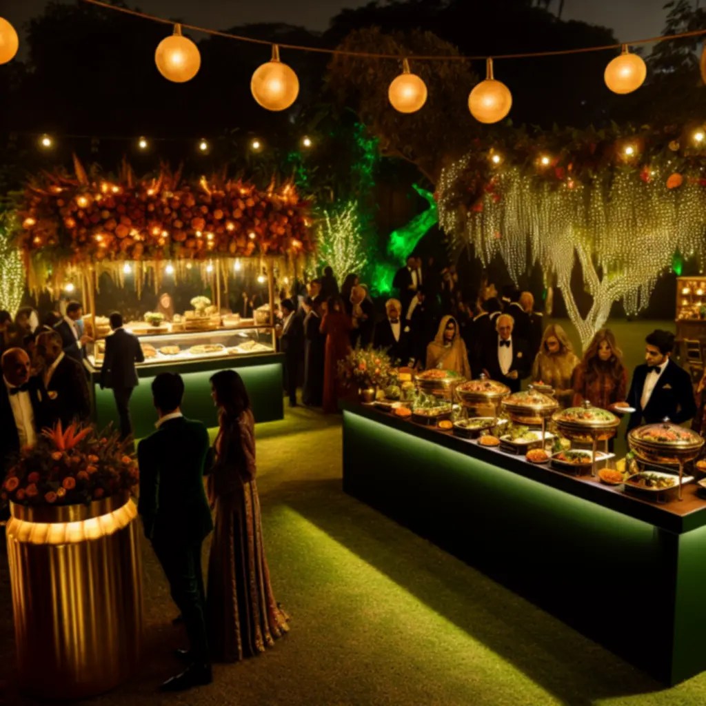 Buitenfestival met sfeerlampen en luxe foodstands
