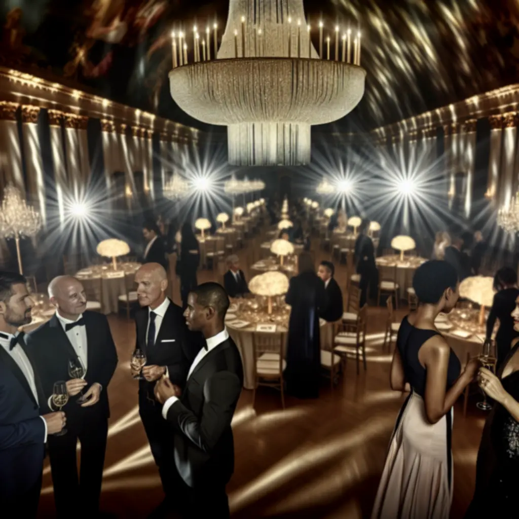 VIP gala met kristallen kroonluchter en gedekte tafels